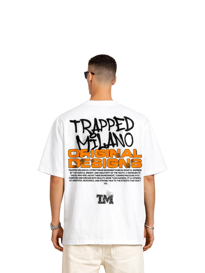 Trapped Milano white oversized graphic t shirt at unseen grail. local brands south africa. streetwear. men and women. studio image male model behind
