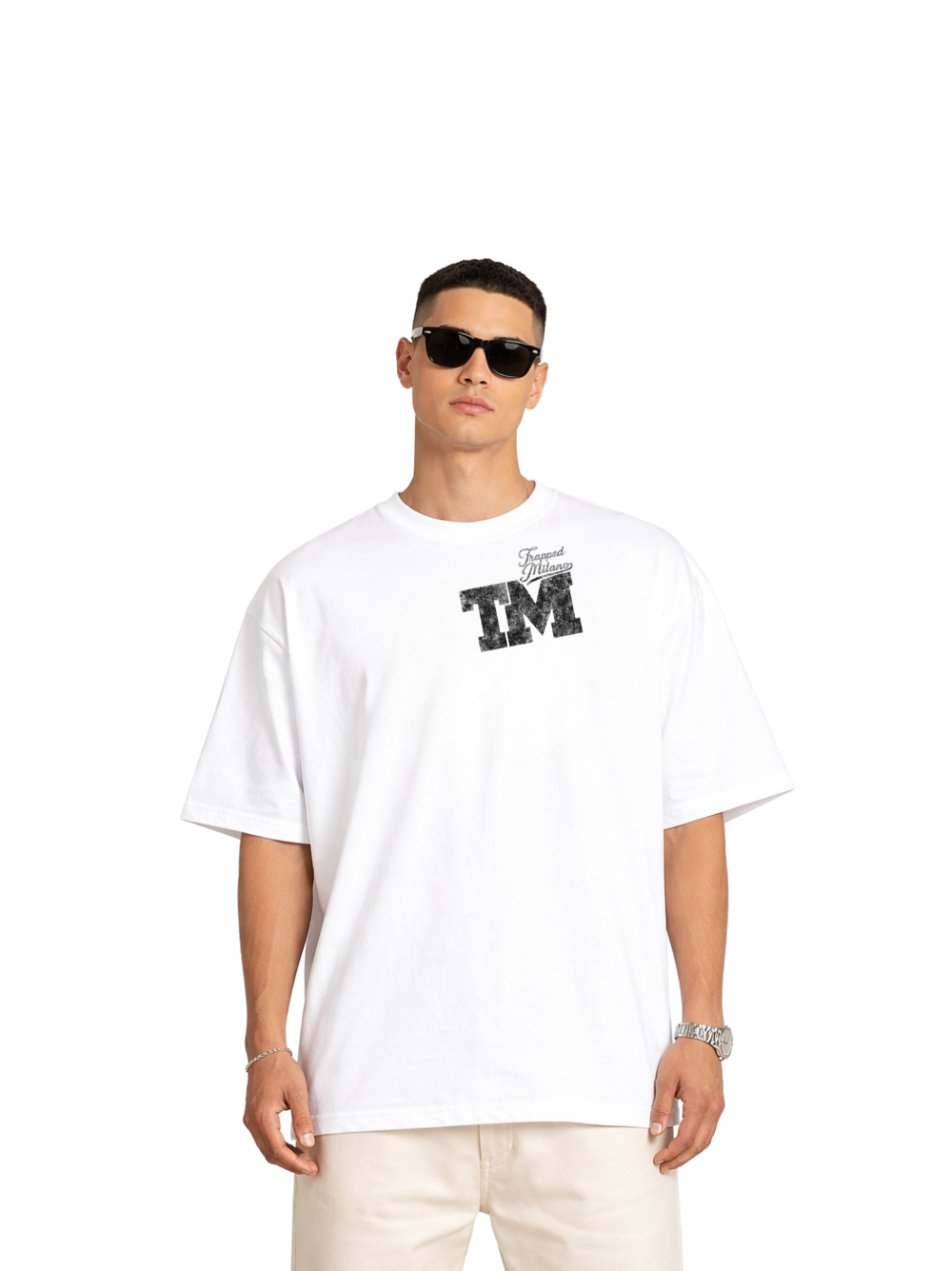 Trapped Milano white oversized graphic t shirt at unseen grail. local brands south africa. streetwear. men and women. studio image male model front