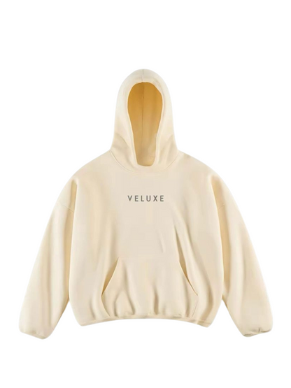 Veluxe beige oversized graphic hoodie at unseen grail. local brands south africa. streetwear. men and women. studio image