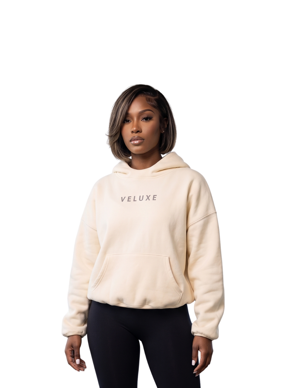 Veluxe beige oversized graphic hoodie at unseen grail. local brands south africa. streetwear. men and women. studio image female model