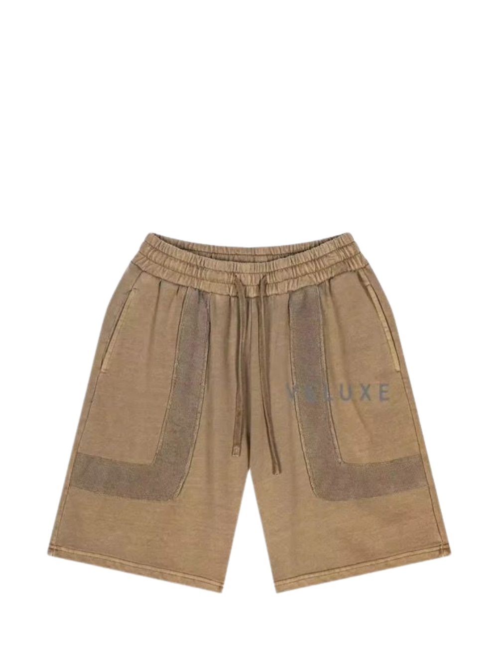 Veluxe brown oversized graphic shorts at unseen grail. local brands south africa. streetwear. men and women. studio image