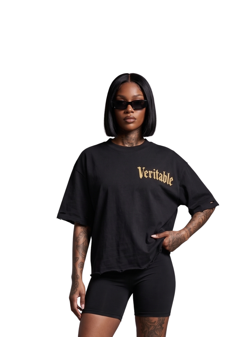 Veritable black oversized tshirt at unseen grail. men and women. south africa top local brands all at unseen grail. studio image female model front