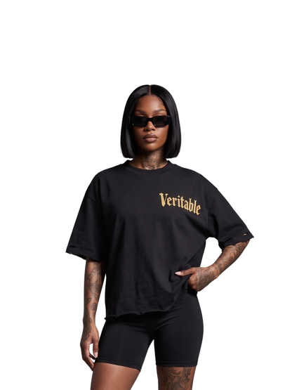 Veritable black oversized tshirt at unseen grail. men and women. south africa top local brands all at unseen grail. studio image female model front