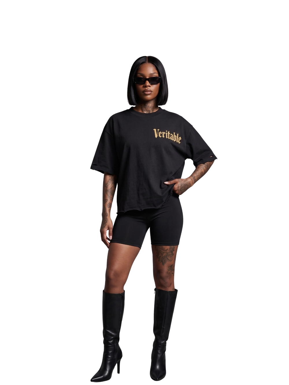 Veritable black oversized tshirt at unseen grail. men and women. south africa top local brands all at unseen grail. studio image female model front full outfit