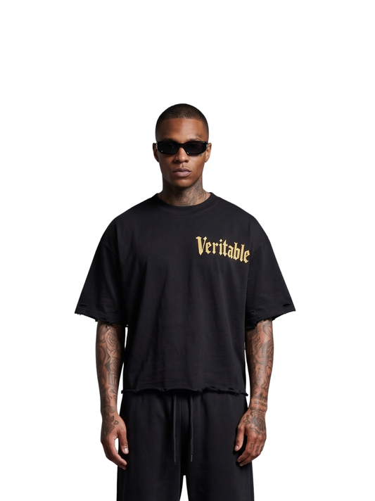 Veritable black oversized tshirt at unseen grail. men and women. south africa top local brands all at unseen grail. studio image male model front