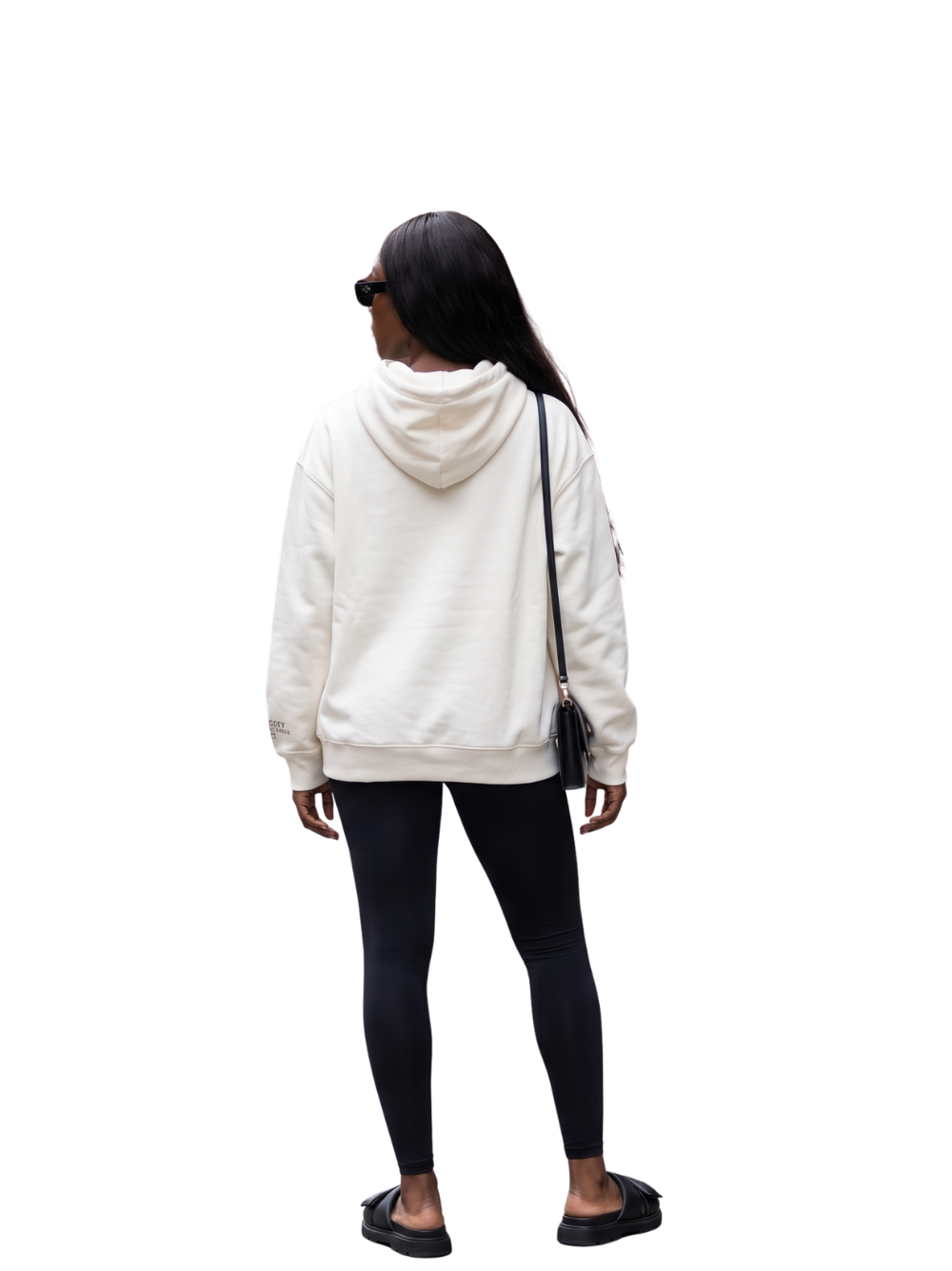 Yowgaty beige oversized graphic hoodie at unseen grail. local brands south africa. streetwear. men and women. studio image behind female model galxboy, bantu, drip