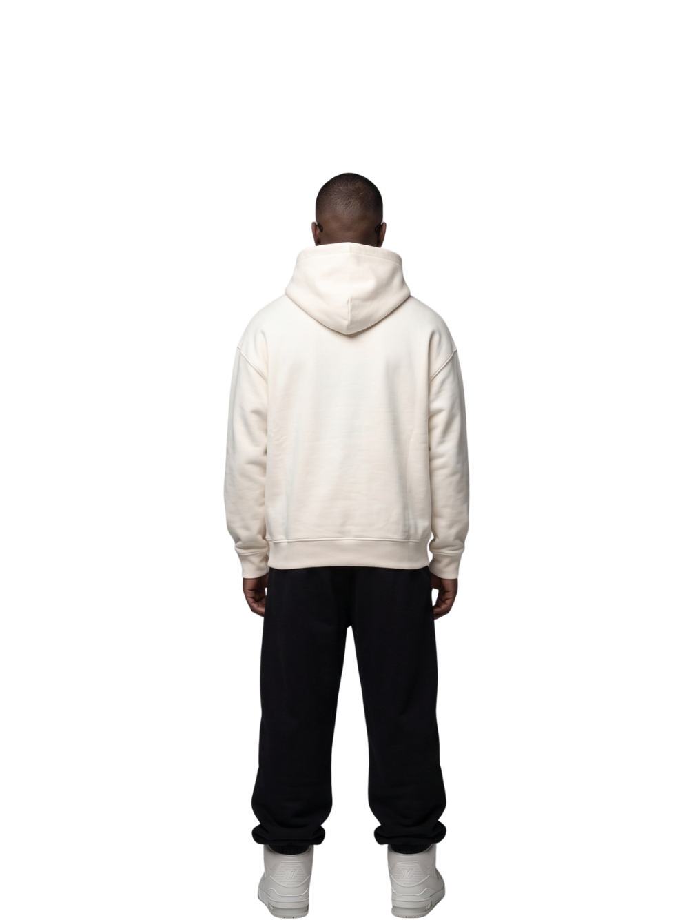 Yowgaty beige oversized graphic hoodie at unseen grail. local brands south africa. streetwear. men and women. studio image behind female model galxboy, bantu, drip full outfit