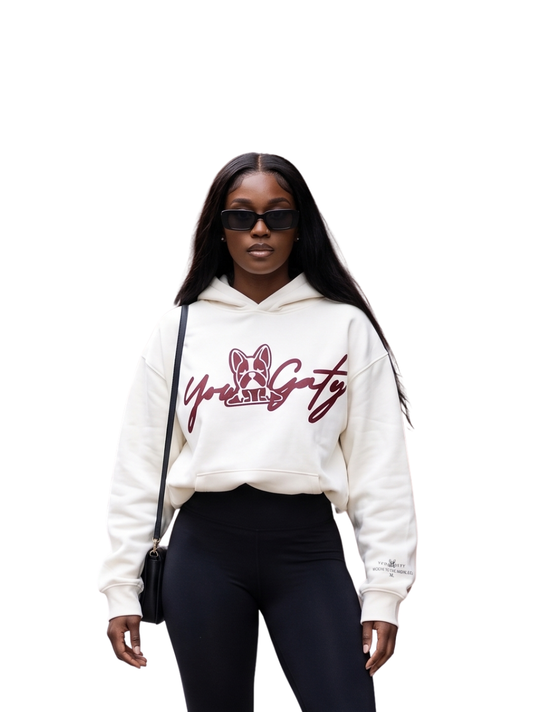 Yowgaty beige oversized graphic hoodie at unseen grail. local brands south africa. streetwear. men and women. studio image female model front galxboy, bantu, drip