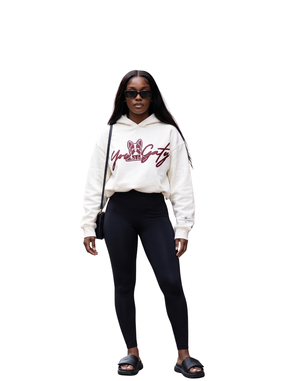 Yowgaty beige oversized graphic hoodie at unseen grail. local brands south africa. streetwear. men and women. studio image front female model galxboy, bantu, drip full outfit