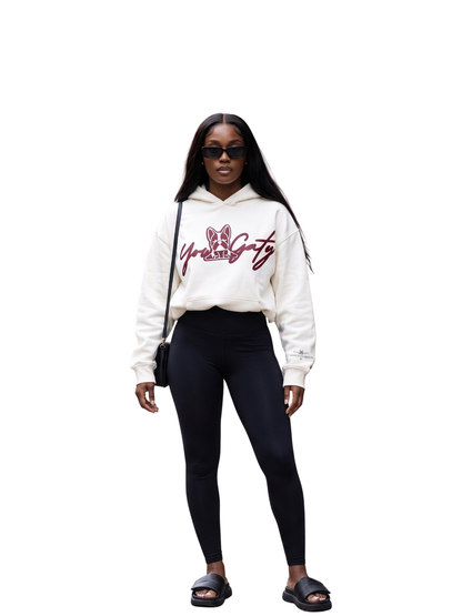 Yowgaty beige oversized graphic hoodie at unseen grail. local brands south africa. streetwear. men and women. studio image front female model galxboy, bantu, drip full outfit
