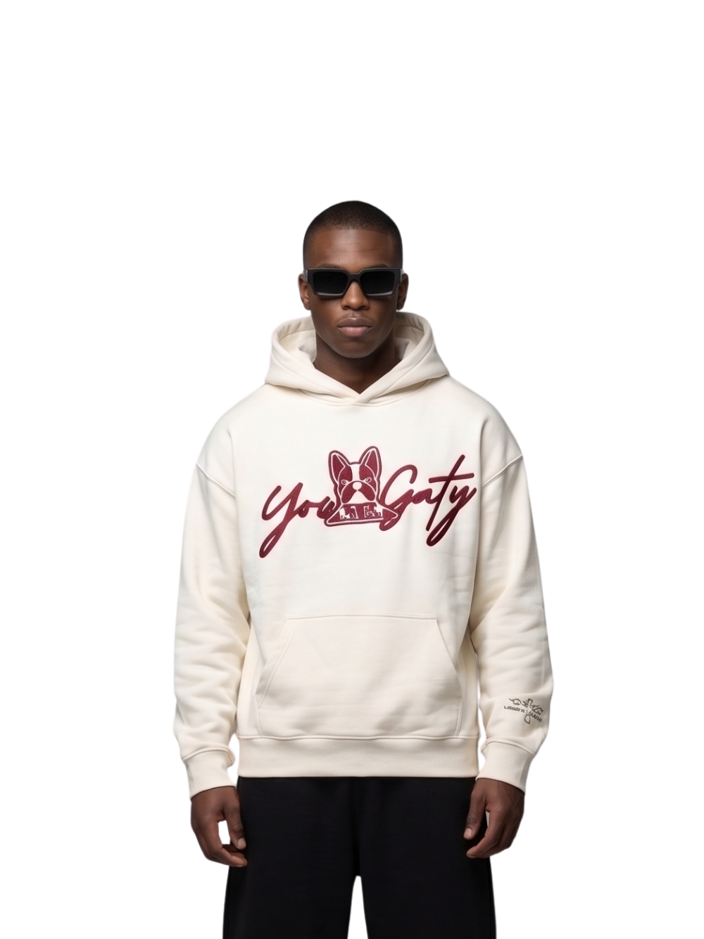 Yowgaty beige oversized graphic hoodie at unseen grail. local brands south africa. streetwear. men and women. studio image male model front galxboy, bantu, drip