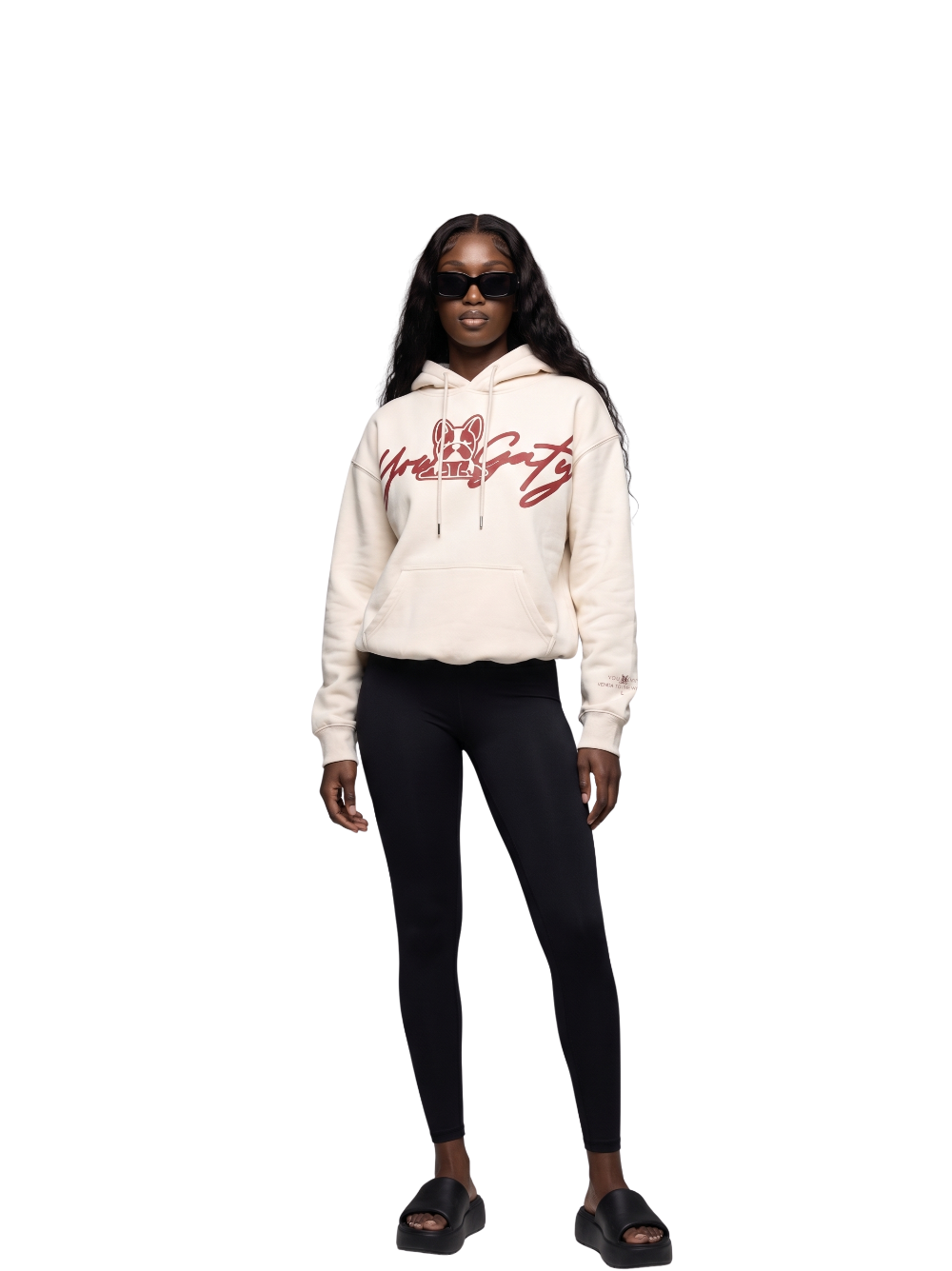 Yowgaty cream oversized graphic hoodie at unseen grail. local brands south africa. streetwear. men and women. studio image behind female model galxboy, bantu, drip