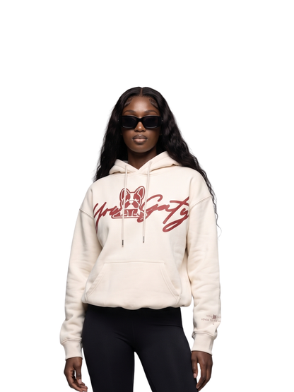 Yowgaty cream oversized graphic hoodie at unseen grail. local brands south africa. streetwear. men and women. studio image front female model galxboy, bantu, drip