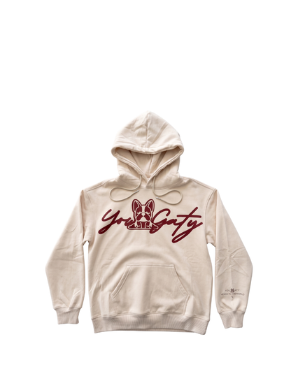 Yowgaty cream oversized graphic hoodie at unseen grail. local brands south africa. streetwear. men and women. studio image front galxboy, bantu, drip