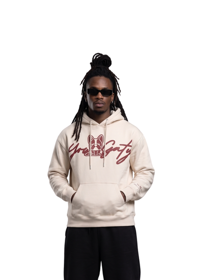 Yowgaty cream oversized graphic hoodie at unseen grail. local brands south africa. streetwear. men and women. studio image front male model galxboy, bantu, drip