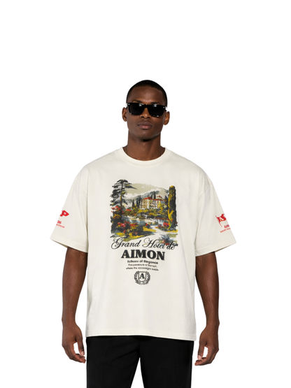 aimon beige oversized graphic tshirt at unseen grail. local brands south africa. streetwear. men and women. studio image male model