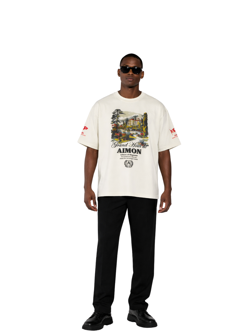aimon beige oversized graphic tshirt at unseen grail. local brands south africa. streetwear. men and women. studio image male model full outfit