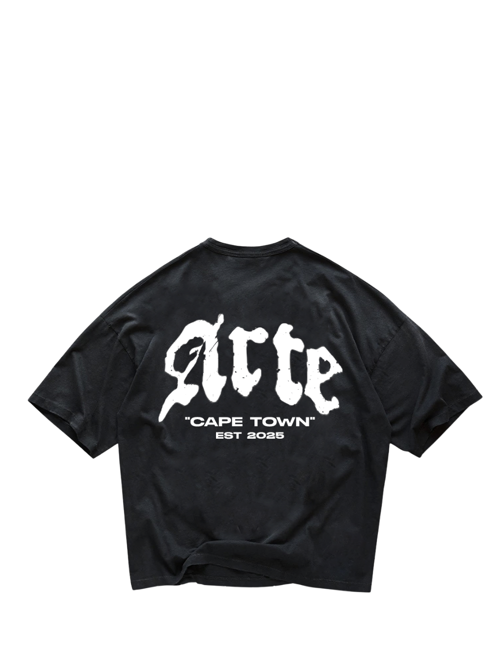 arte black oversized graphic t shirt at unseen grail. local brands south africa. streetwear. men and women. galxboy. bantu. el patron. flat lay image behind