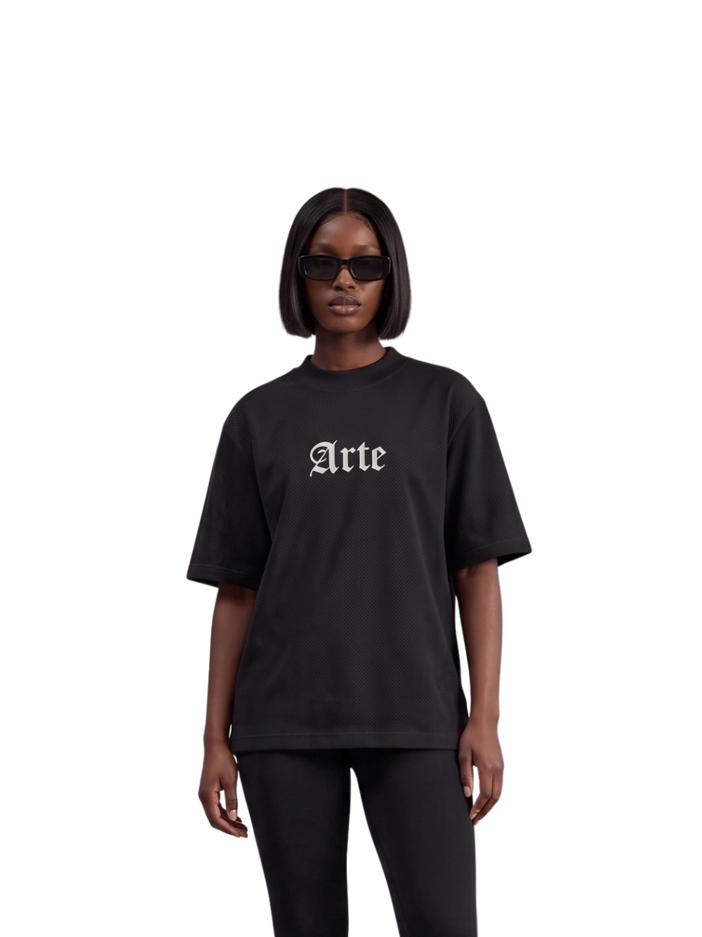 arte black oversized graphic t shirt at unseen grail. local brands south africa. streetwear. men and women. galxboy. bantu. el patron. front female model