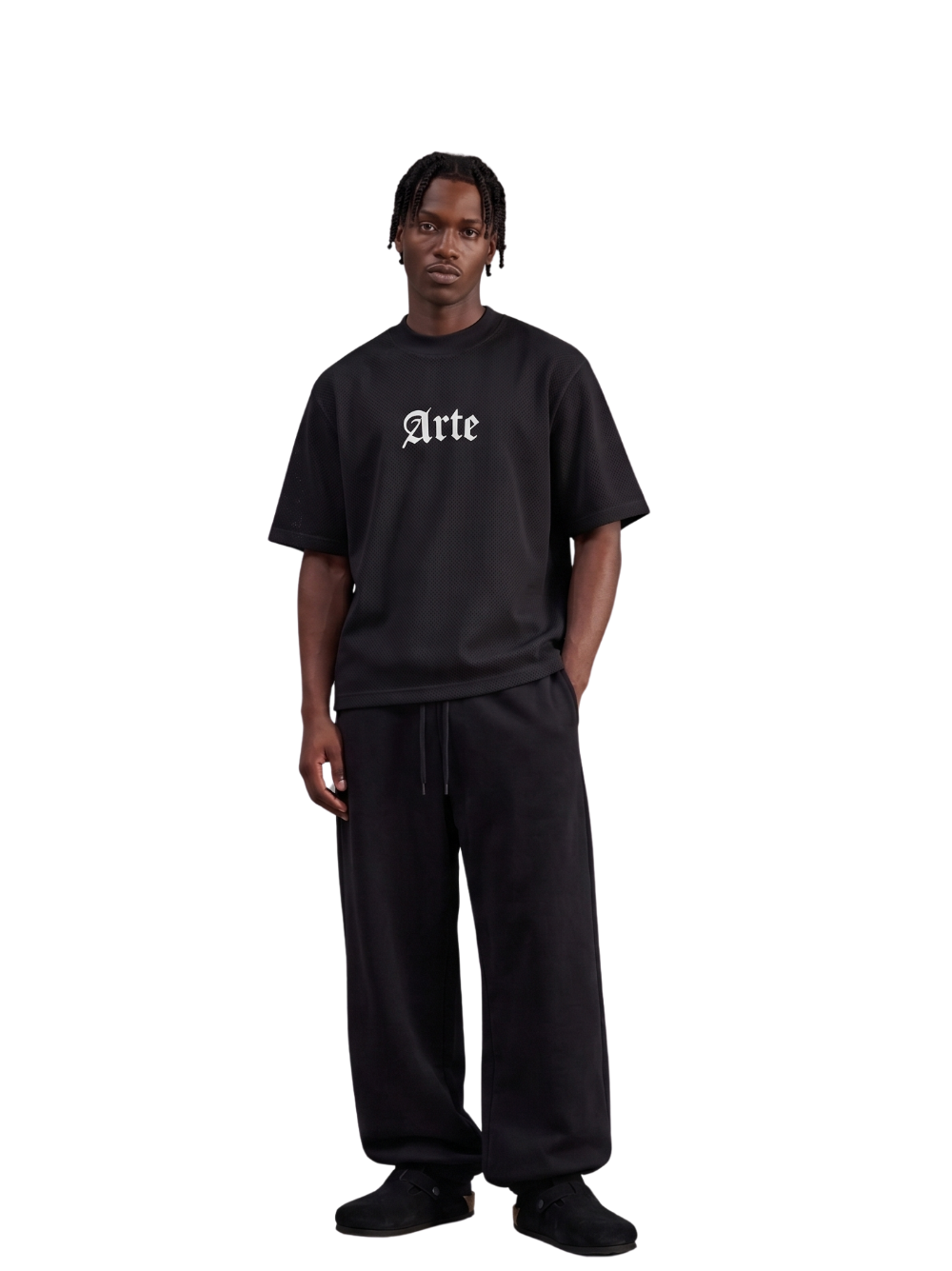 arte black oversized graphic t shirt at unseen grail. local brands south africa. streetwear. men and women. galxboy. bantu. el patron. front male model. streetwear