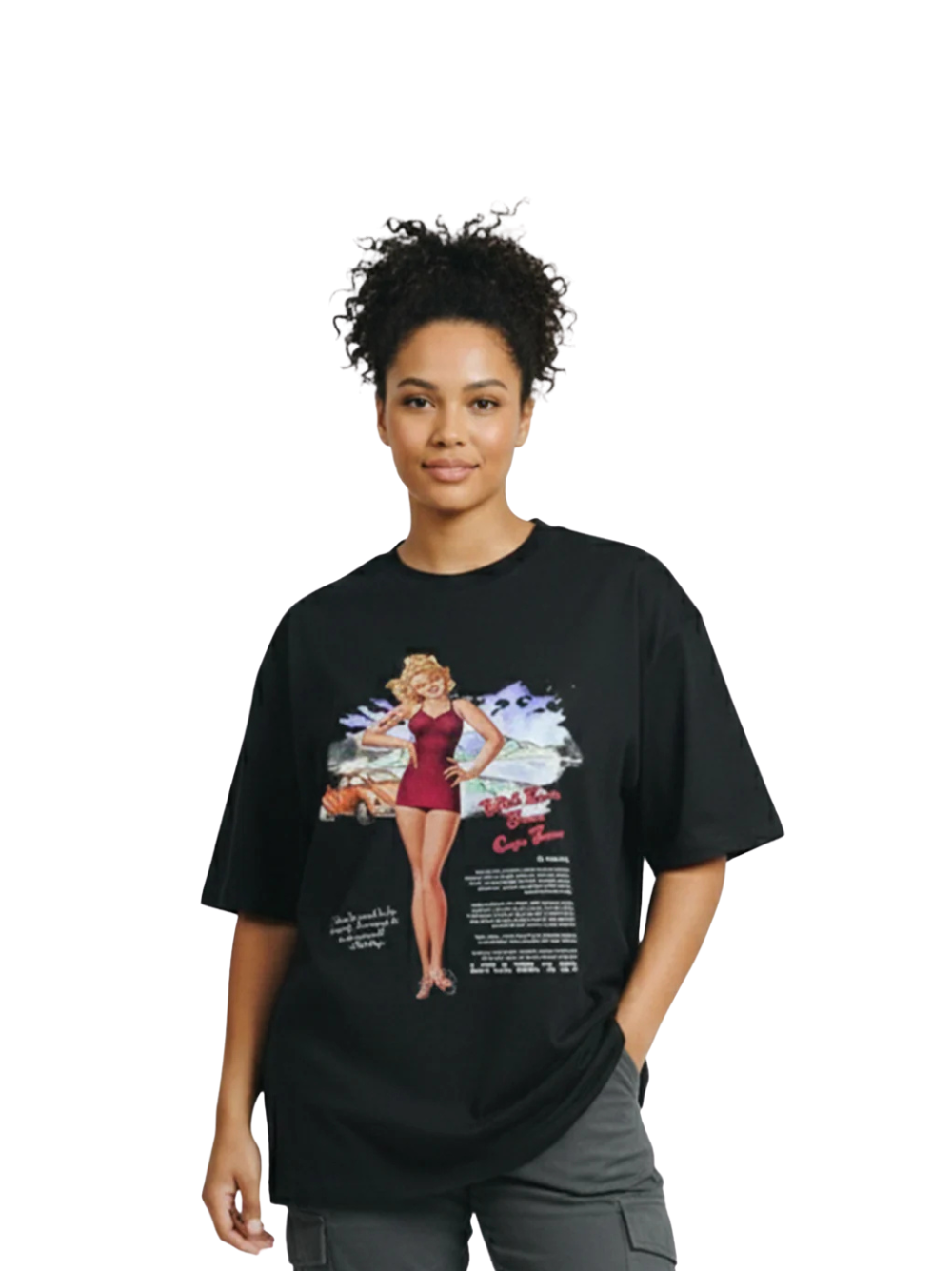 arte black oversized graphic t shirt at unseen grail. local brands south africa. streetwear. men and women. galxboy. bantu. nike. studio image female model