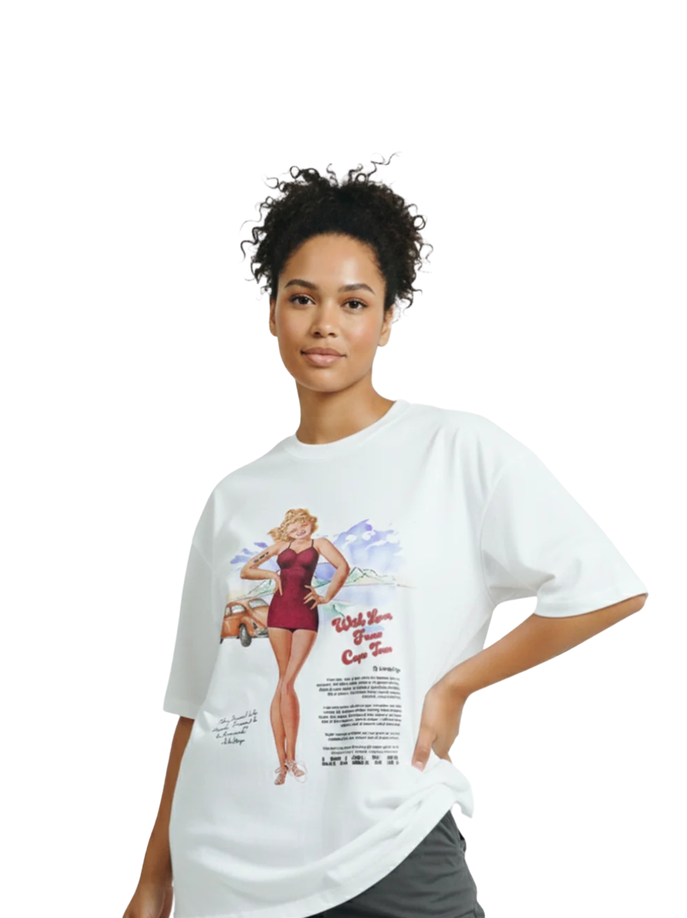 arte white oversized graphic t shirt at unseen grail. local brands south africa. streetwear. men and women. galxboy. bantu. nike. studio image front female