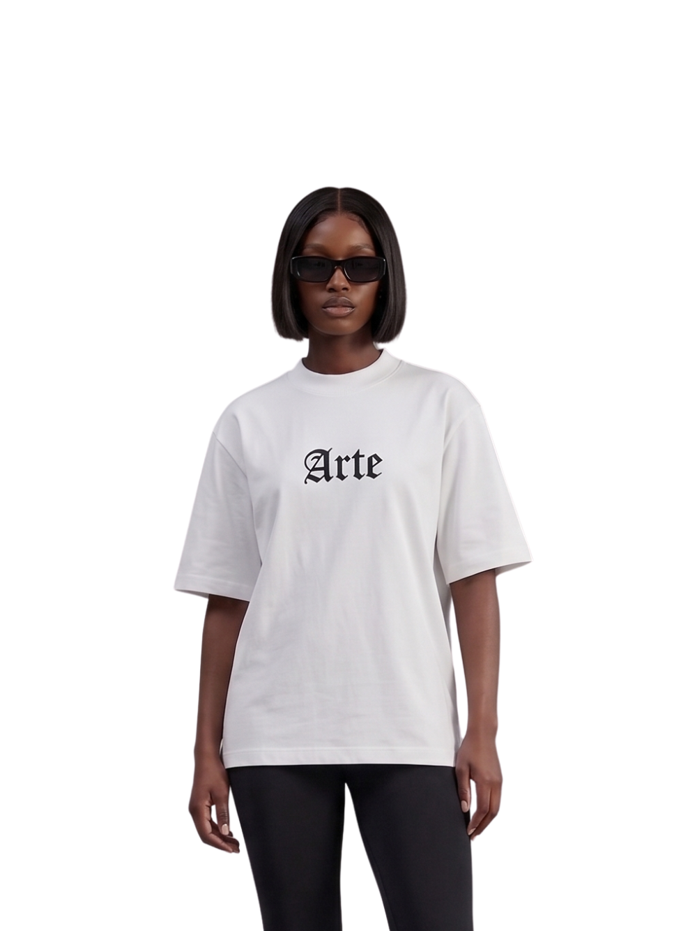 arte white oversized graphic t shirt at unseen grail. local brands south africa. streetwear. men and women. galxboy. bantu. studio image front female