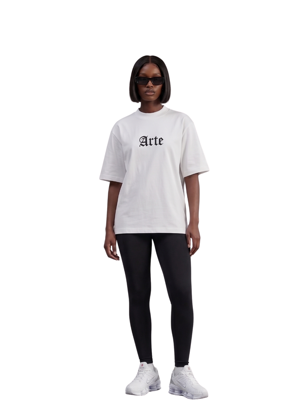 arte white oversized graphic t shirt at unseen grail. local brands south africa. streetwear. men and women. galxboy. bantu. studio image front female model