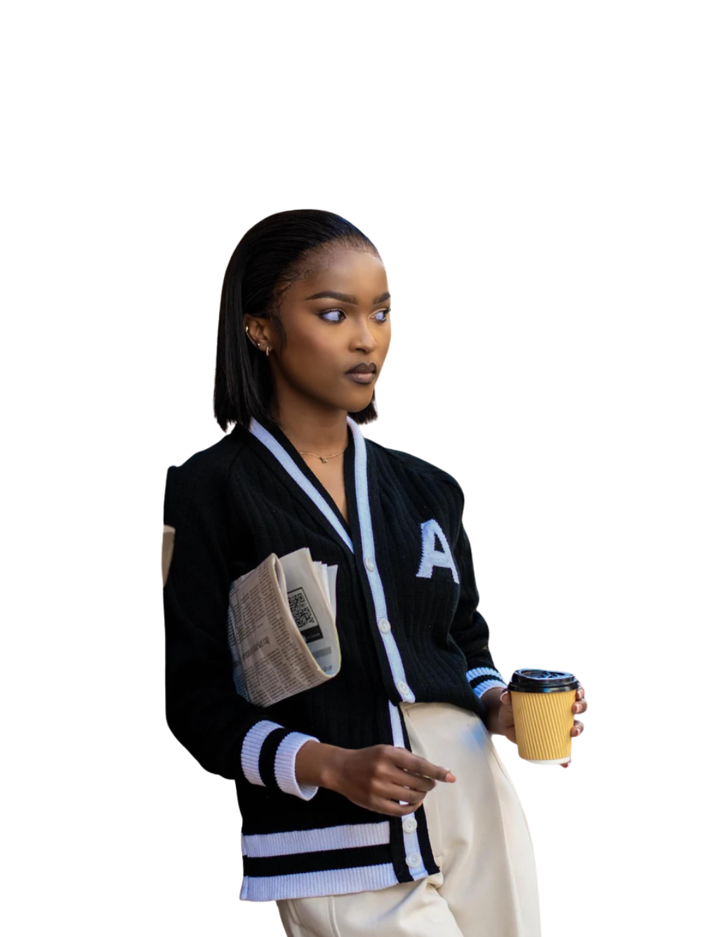 ascend black knitted cardigan jersey at unseen grail. local brands south africa. streetwear. men and women. studio image front galxboy and boys of soweto female model with handbag bantu