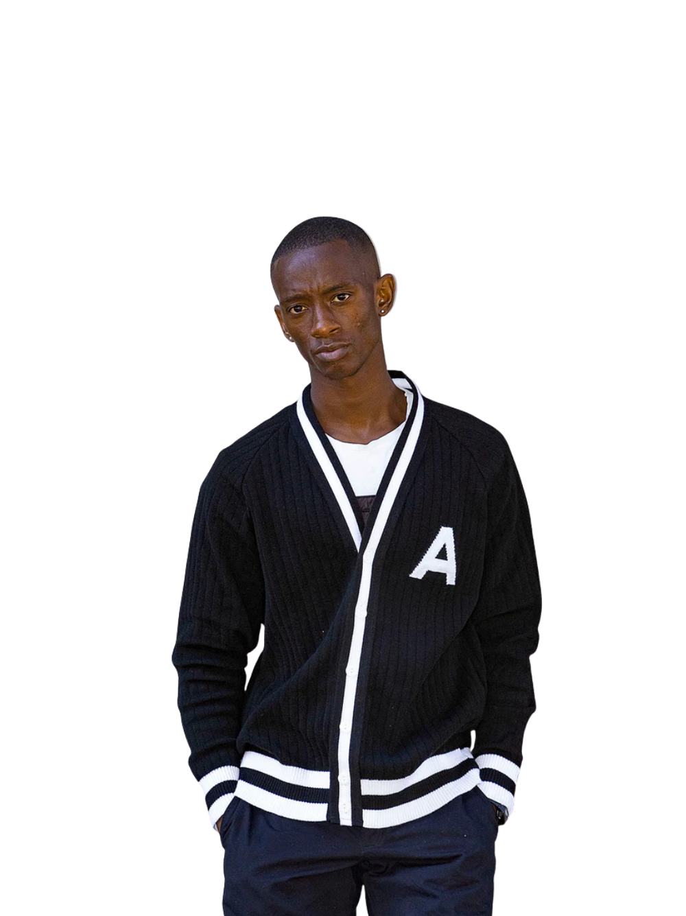 ascend black knitted cardigan jersey at unseen grail. local brands south africa. streetwear. men and women. studio image front galxboy and boys of soweto male model jersey