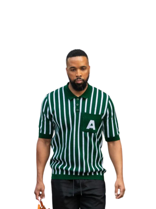 ascend white and green golf knitted tshirt at unseen grail. local brands south africa. streetwear. men and women. studio image front galxboy and boys of soweto full outfit male model