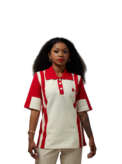 ascend white and red golf knitted tshirt at unseen grail. local brands south africa. streetwear. men and women. studio image front galxboy and boys of soweto female model