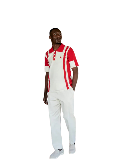 ascend white and red golf knitted tshirt at unseen grail. local brands south africa. streetwear. men and women. studio image front galxboy and boys of soweto full outfit male model