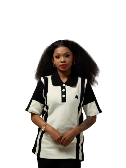 ascend white golf knitted tshirt at unseen grail. local brands south africa. streetwear. men and women. studio image female model galxboy and boys of soweto