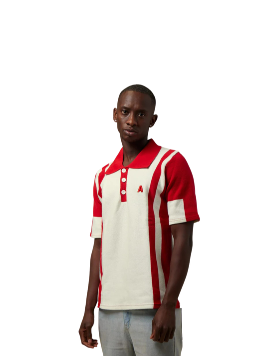 ascend white golf knitted tshirt at unseen grail. local brands south africa. streetwear. men and women. studio image front galxboy and boys of soweto male model