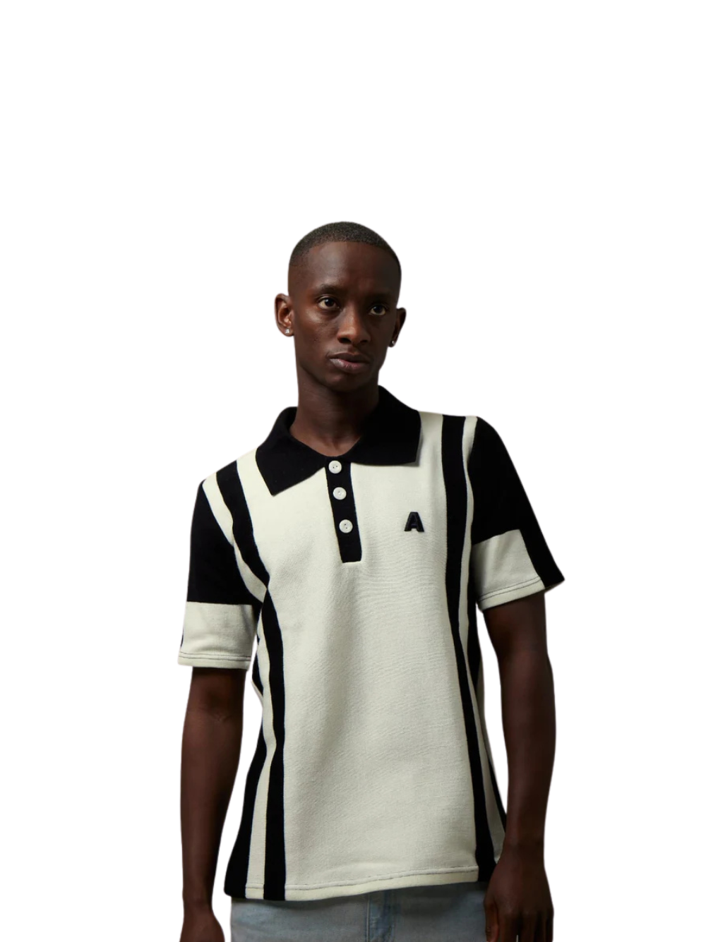 ascend white golf knitted tshirt at unseen grail. local brands south africa. streetwear. men and women. studio image male model galxboy and boys of soweto