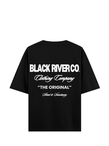 black river black oversized graphic t-shirt at unseen grail. local brands south africa. streetwear. men and women. studio image behind. galxboy, bantu