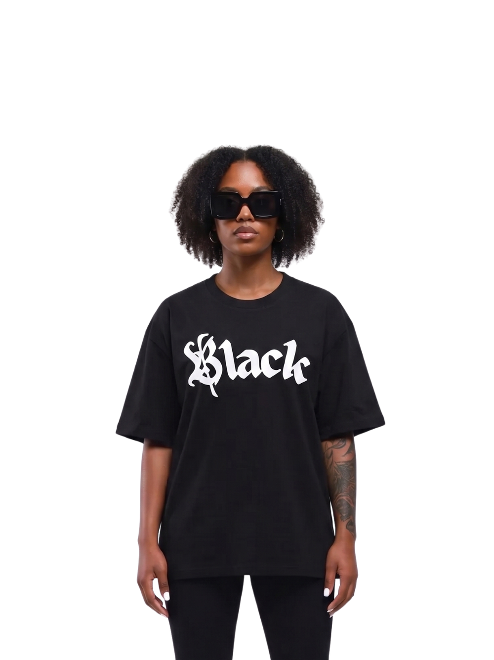 black river black oversized graphic t-shirt at unseen grail. local brands south africa. streetwear. men and women. studio image female model front. galxboy, bantu, el patron