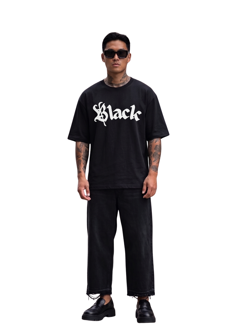 black river black oversized graphic t-shirt at unseen grail. local brands south africa. streetwear. men and women. studio image front full outfit male. galxboy, bantu, el patron