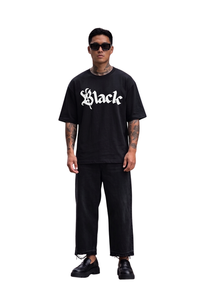 black river black oversized graphic t-shirt at unseen grail. local brands south africa. streetwear. men and women. studio image front full outfit male. galxboy, bantu, el patron