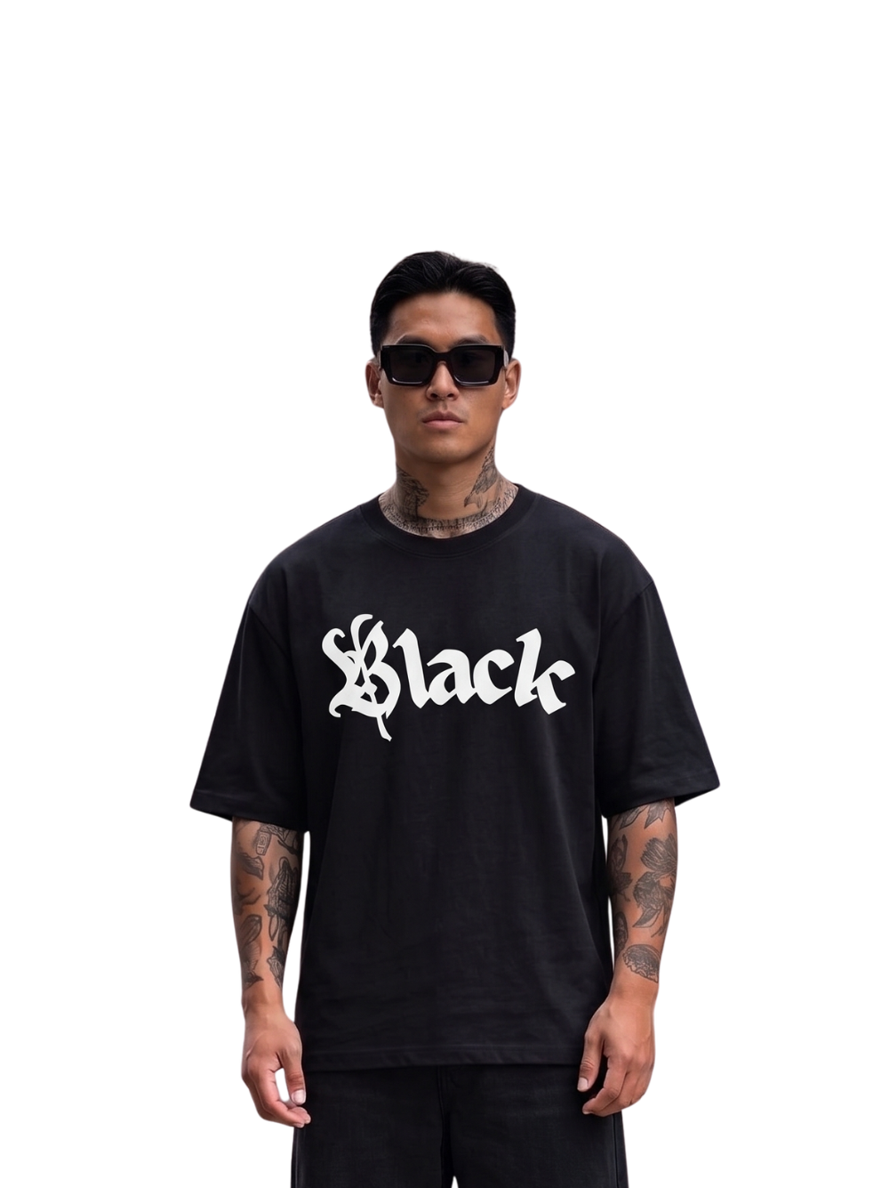black river black oversized graphic t-shirt at unseen grail. local brands south africa. streetwear. men and women. studio image male model front. galxboy, bantu, el patron