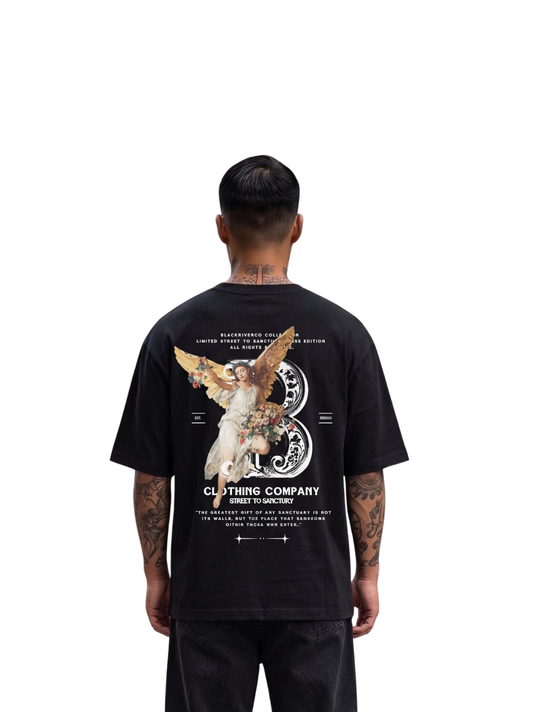 black river black oversized graphic t-shirt at unseen grail. local brands south africa. streetwear. men and women. studio image men behind. galxboy, bantu, boys of soweto