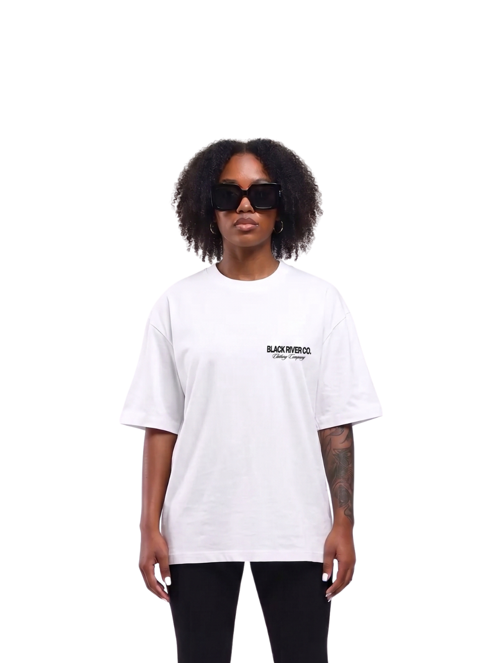 black river white oversized graphic t-shirt at unseen grail. local brands south africa. streetwear. men and women. female model front. galxboy, bantu, boys of soweto
