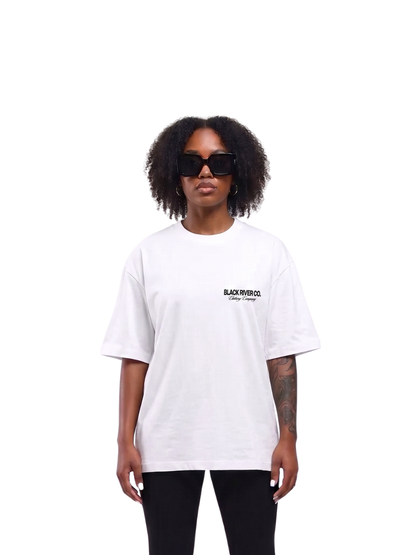black river white oversized graphic t-shirt at unseen grail. local brands south africa. streetwear. men and women. female model front. galxboy, bantu, boys of soweto