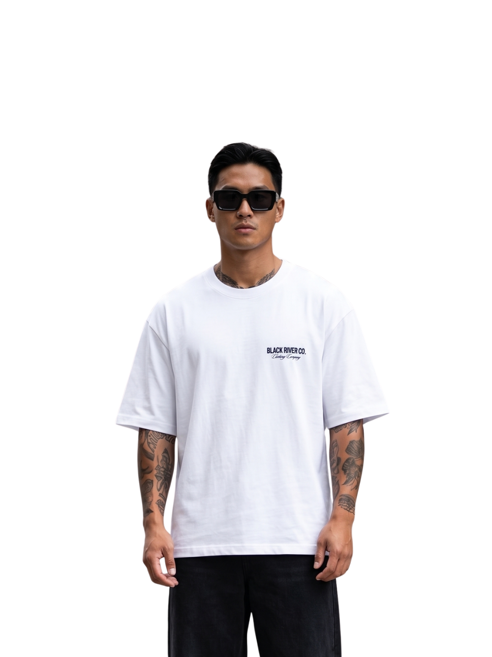 black river white oversized graphic t-shirt at unseen grail. local brands south africa. streetwear. men and women. male model front. galxboy, bantu, boys of soweto