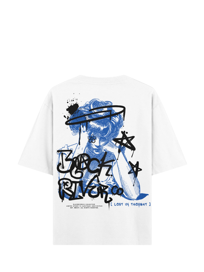 black river white oversized graphic t-shirt at unseen grail. local brands south africa. streetwear. men and women. studio image behind. galxboy, bantu, el patron