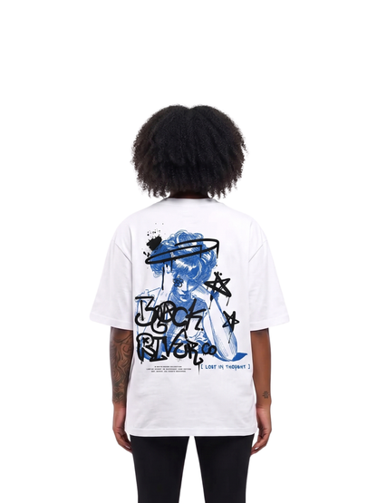 black river white oversized graphic t-shirt at unseen grail. local brands south africa. streetwear. men and women. studio image behind female. galxboy, bantu, el patron