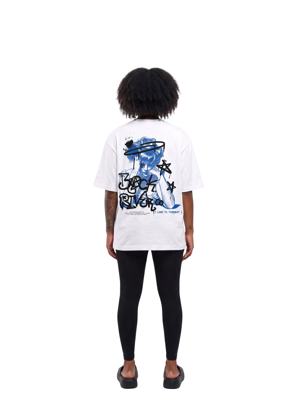 black river white oversized graphic t-shirt at unseen grail. local brands south africa. streetwear. men and women. studio image behind female model. galxboy, bantu, el patron
