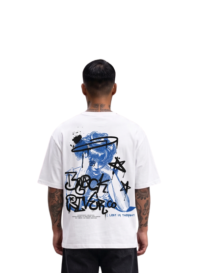 black river white oversized graphic t-shirt at unseen grail. local brands south africa. streetwear. men and women. studio image behind male. galxboy, bantu, el patron