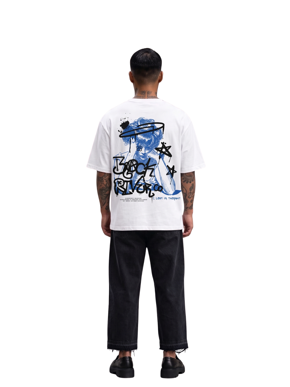 black river white oversized graphic t-shirt at unseen grail. local brands south africa. streetwear. men and women. studio image behind male model. galxboy, bantu, el patron
